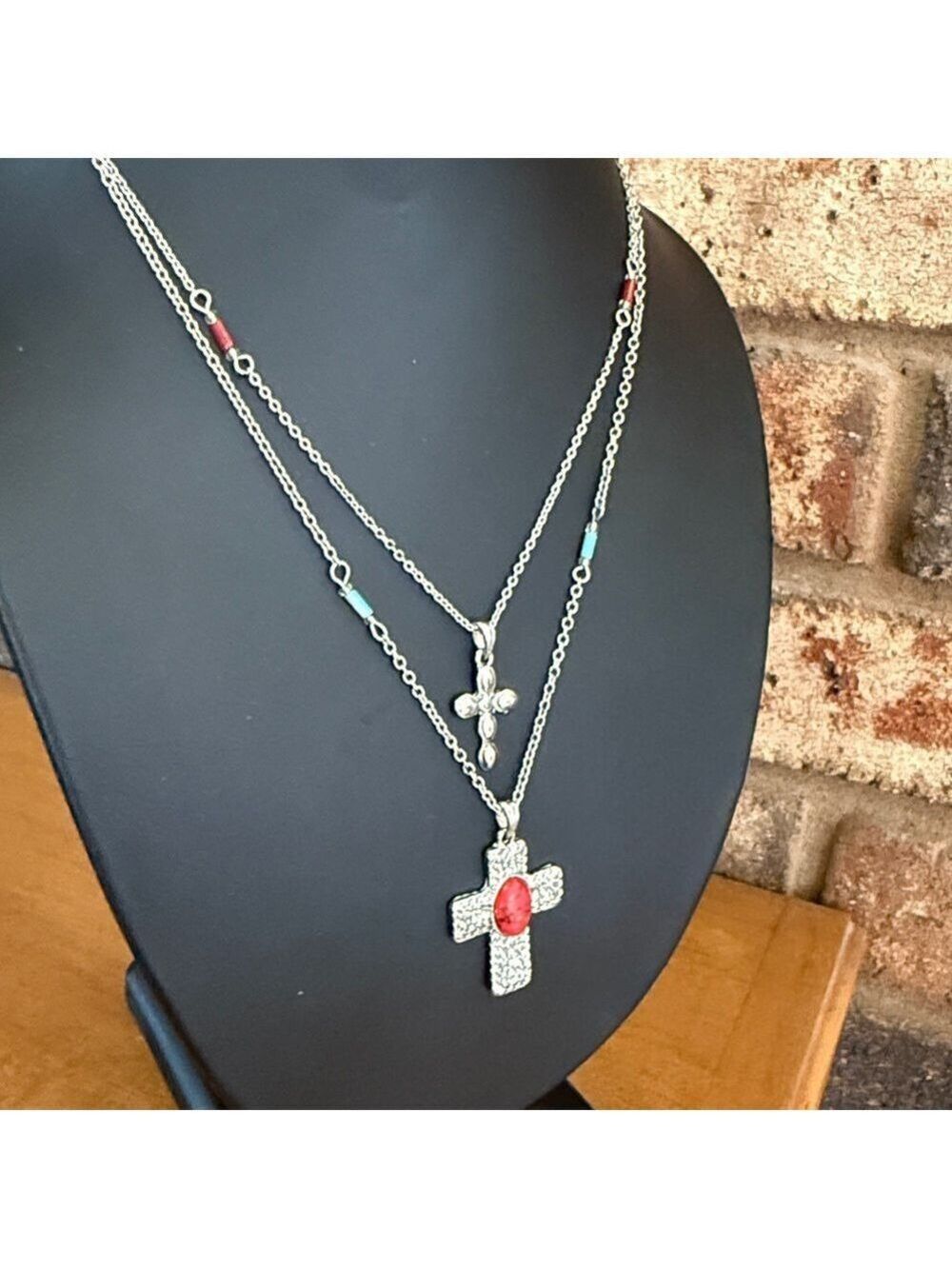 Southwestern double strand layered cross pendants convertible 3 in 1 necklace - Picture 4 of 5